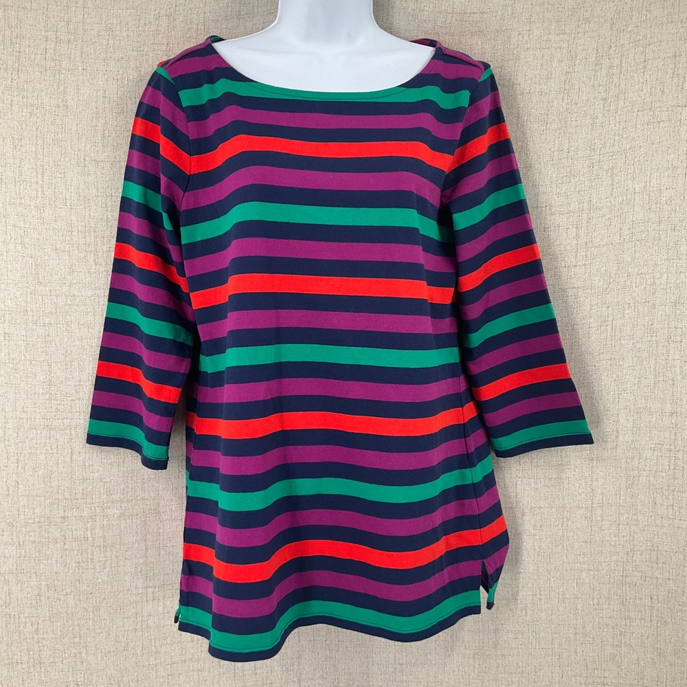 Lands' End Knit Top Women S Small Multicolor 100% Cotton Striped 3/4 Sleeve Bold